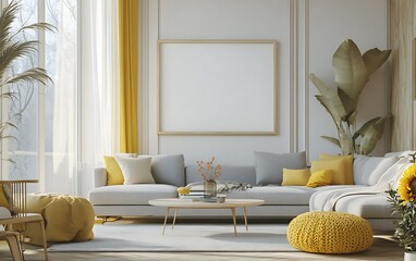 Modern living room interior design, sunlight, yellow accents, cozy atmosphere, home decor