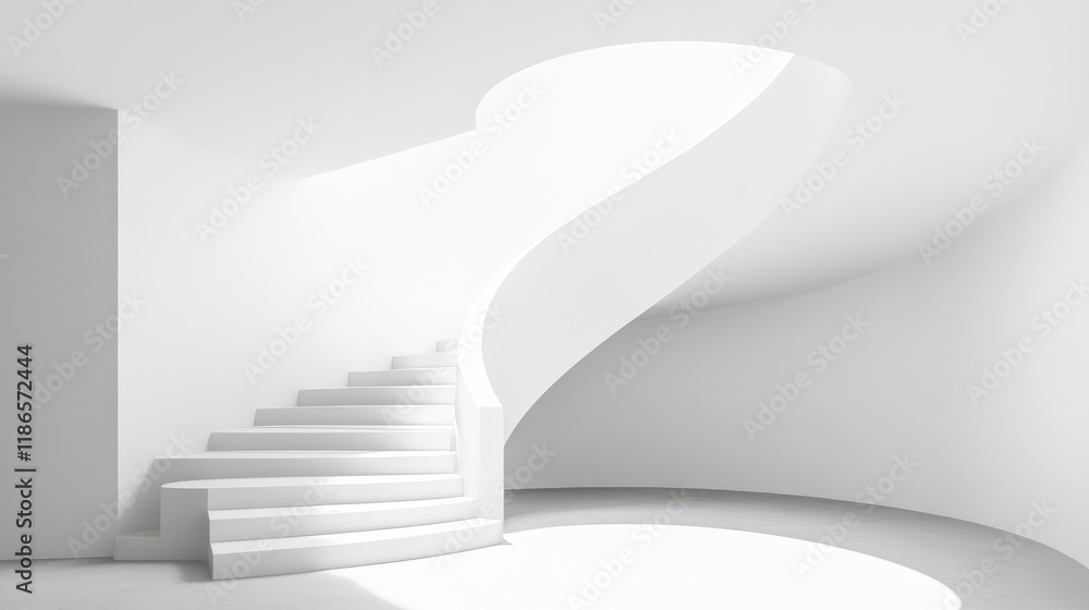 Poster elegant curved white staircase in minimalist interior design with natural light accenting its modern