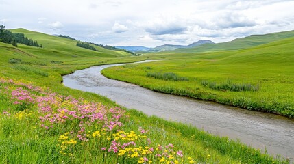 Obraz premium Serene River Flowing Through Lush Green Valley Under Cloudy Sky Surrounded by Colorful Wildflowers