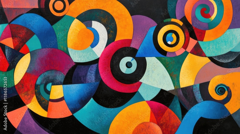 Poster colorful abstract composition with technology-inspired spirals and dynamic shapes creating a vibrant