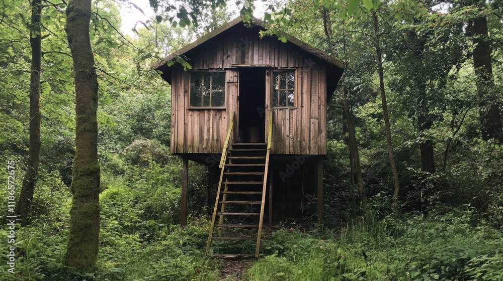 Poster completed rustic climbing access to a wooden shed nestled in a serene forest setting surrounded by l