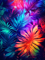 Abstract creative neon background with tropical leaves