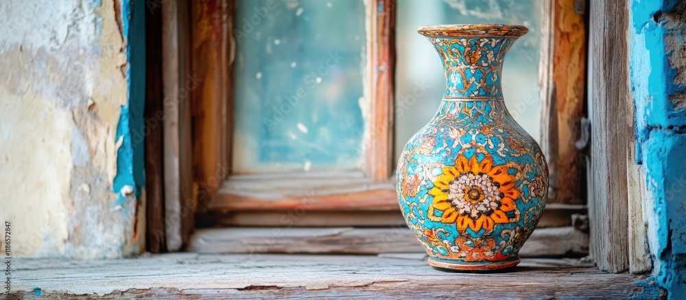 Poster intricate vintage moroccan vase on rustic wooden window sill highlighting vibrant colors and exquisi