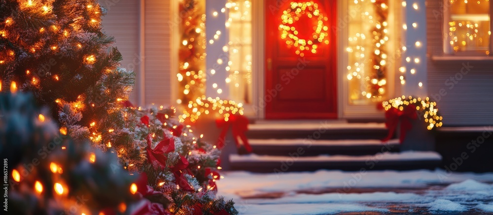 Poster festive holiday home decorated with sparkling lights and wreaths creating a warm inviting atmosphere