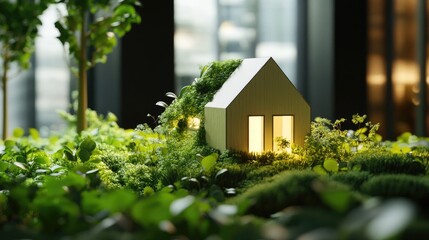 Small model house nestled among lush greenery representing financial growth and sustainability in a modern indoor environment