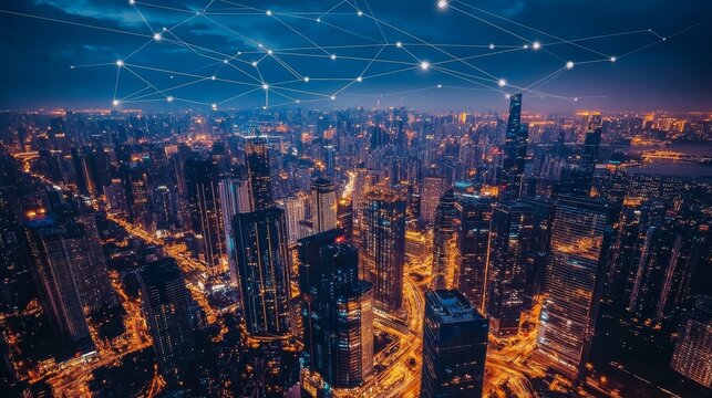 Interconnected city, nighttime urban landscape with futuristic network overlay illuminated