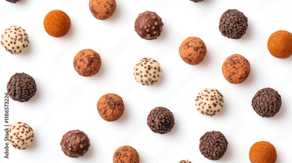 Poster truffles pattern flat lay showcasing assorted pralines in various textures and colors on a clean whi