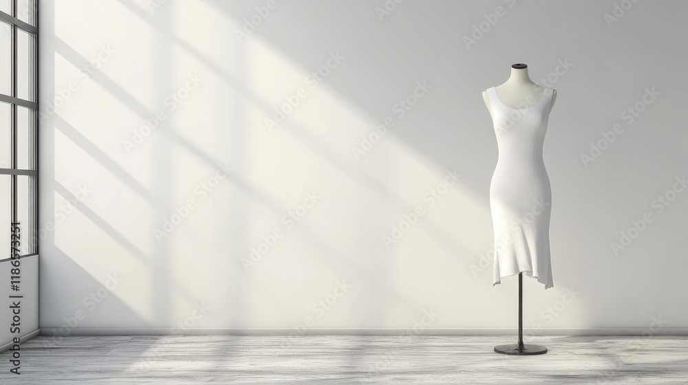 Poster Minimalist white dress on a mannequin in a bright empty room with soft shadows and clean lines creating a serene atmosphere