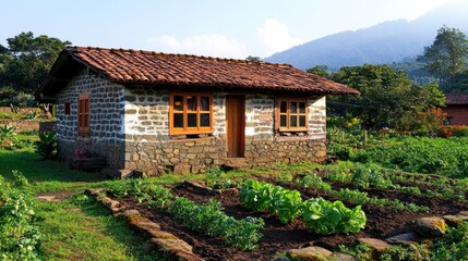 Fototapeta premium Rustic stone cottage with vegetable garden, mountains in background.