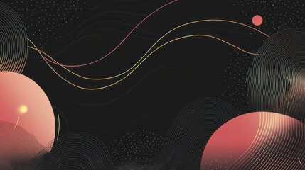 Abstract dark background with pink circles, gold lines, and subtle texture.