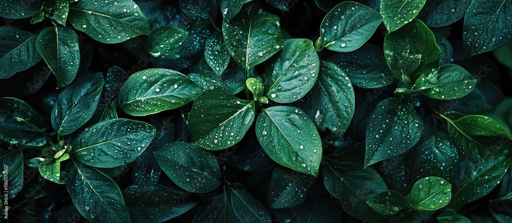 Poster lush green foliage with water droplets creating a serene natural backdrop and ample space for text o