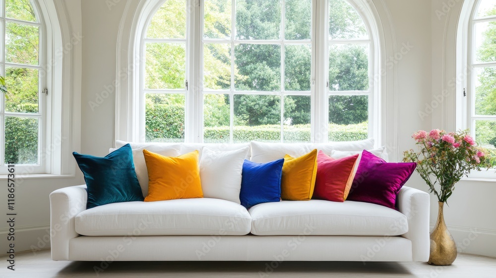 Aufkleber elegant white sofa adorned with colorful cushions, framed by large arched windows and lush greenery 