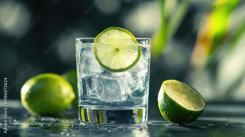 Poster Fresh Vodka Shot with Lime Slice and Ice in a Celebratory Atmosphere with Green Background and Limes on a Table