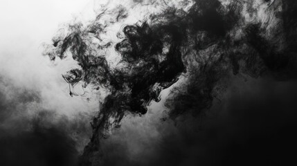 Abstract black smoke swirling on white background.