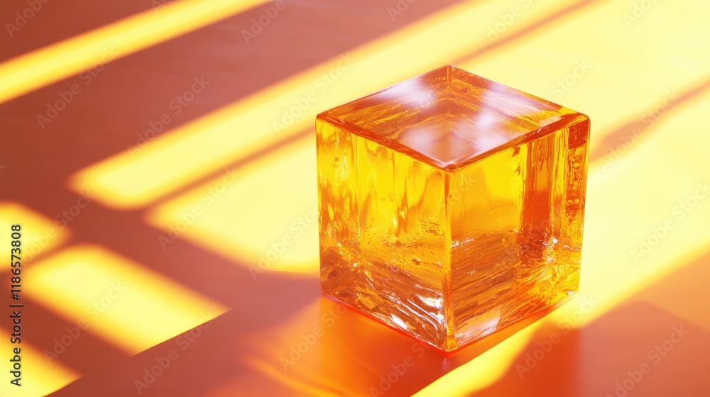 Poster amber cube illuminated by sunlight on warm striped background creating a play of light and shadow