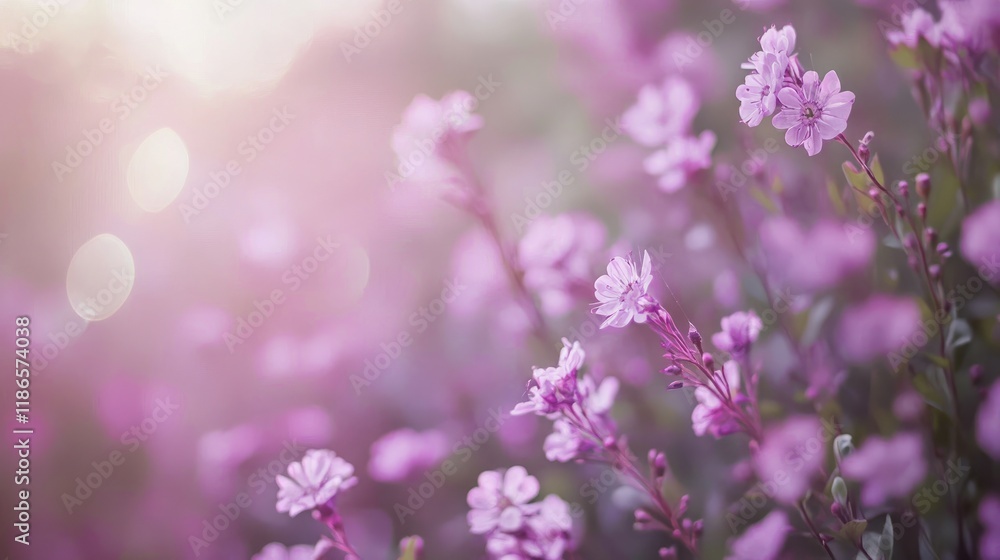 Poster Vibrant violet bokeh texture background showcasing delicate flowers in a natural setting with soft light and dreamy atmosphere.
