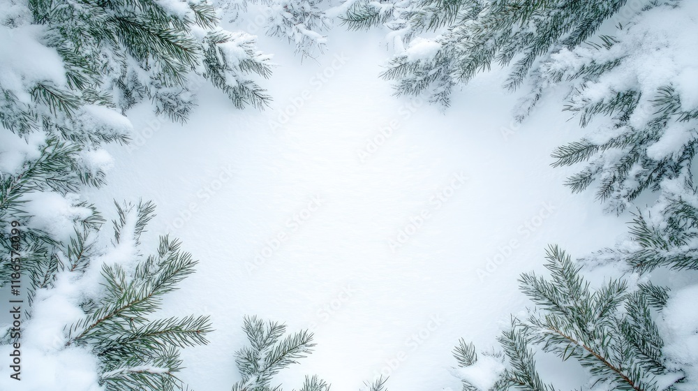 Poster Snowy Winter Landscape Framed by Pine Branches Creating a Serene Atmosphere with Space for Text or Graphics