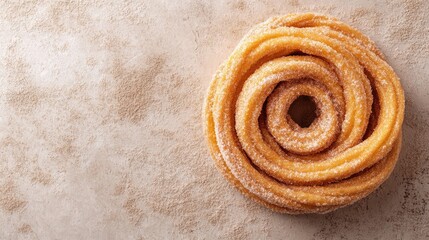 Fototapeta premium Cinnamon Sugar Coated Twirly Churros Decoratively Arranged on Rustic Background