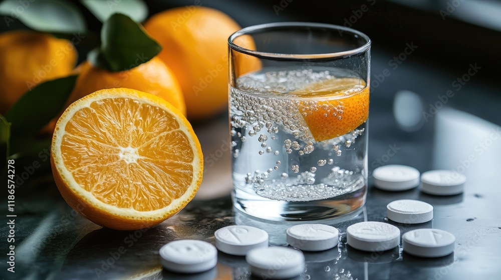 Poster effervescent vitamin c tablet dissolving in water with orange slices and bubbles in a stylish glass 