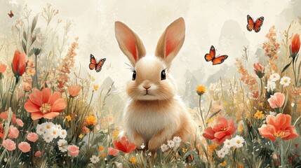 A cute rabbit surrounded by colorful flowers and butterflies.