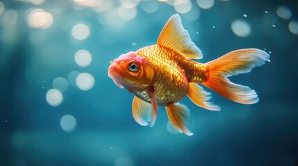 Colorful goldfish gracefully swimming in vibrant blue water with soft sunlight reflections above creating a serene underwater scene