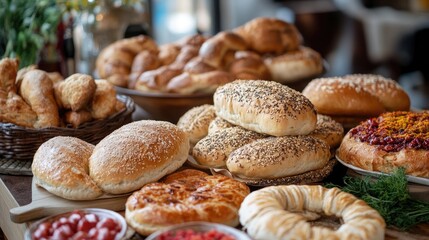 Traditional Turkish bread variety displayed on rustic table featuring sesame, toppings, and pastries in a warm, inviting setting.