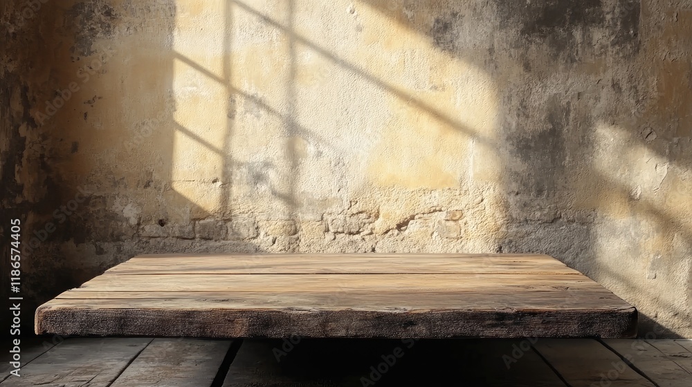 Poster rustic wooden tabletop for product display with soft shadows in an aged, atmospheric interior settin