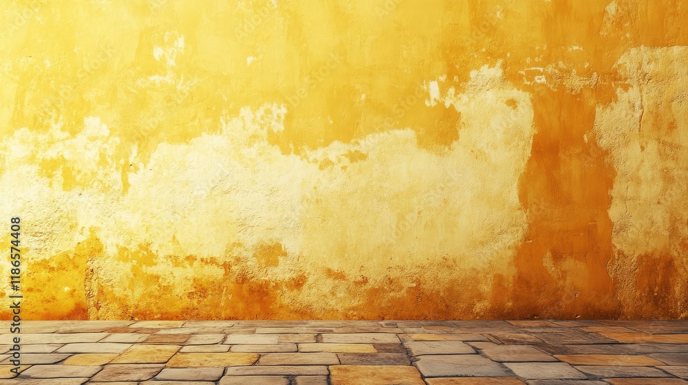 Poster vintage textured yellow wall with rustic stone floor ideal for backdrop in artistic or creative proj