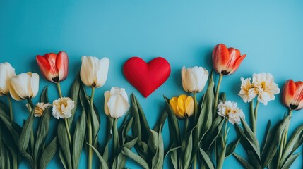 Colorful tulips and a red heart arranged on a blue background symbolizing love and friendship in a vibrant spring setting