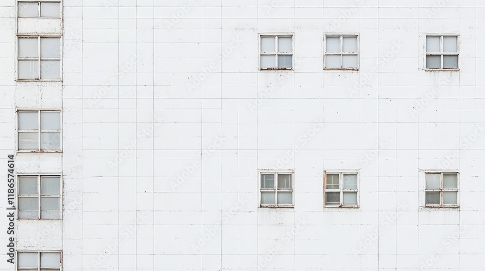Aufkleber Aerial view of a textured white wall featuring window frames ideal for architectural backgrounds and construction design concepts