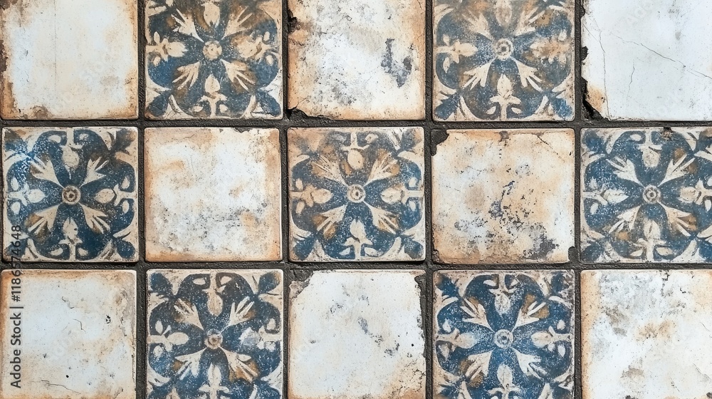 Aufkleber Vintage square floor tiles with intricate designs for use as a textured background in design projects or interior decor.