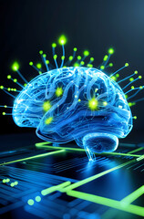 Futuristic render of a virtual brain composed of flowing data streams and digital code, glowing in neon blue and green, representing the intersection of artificial intelligence and human cognition