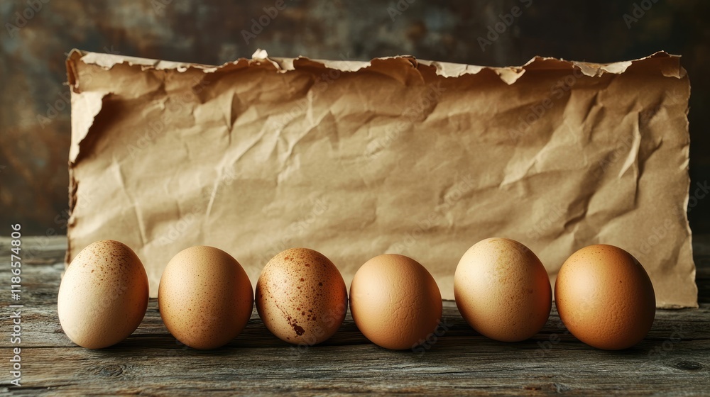 Poster Vintage still life composition featuring assorted eggs lined up with textured crumpled paper background for artistic or culinary use