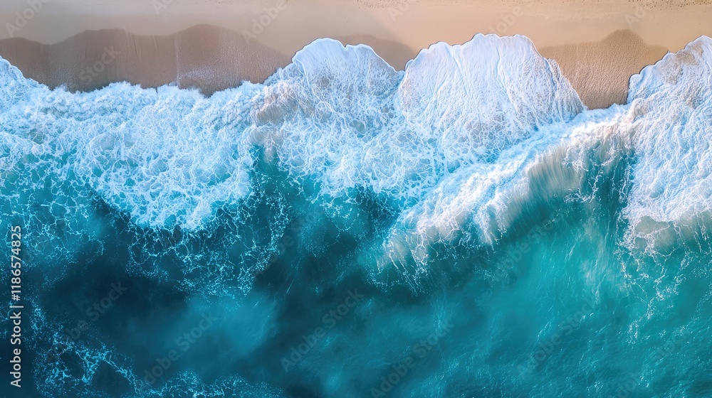 Poster aerial view of turquoise ocean waves crashing on sandy beach with contrast of blue and white creatin
