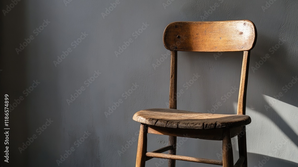Poster rustic wooden chair against a minimalist wall casting soft shadows in a serene indoor setting
