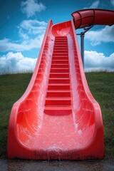 A water slide with a person sliding down in the background, suitable for travel or summer themed images