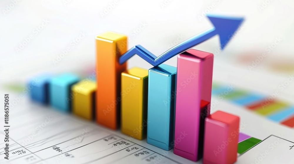 Poster a colorful bar graph with an arrow pointing upwards, indicating growth or progress on a light backgr