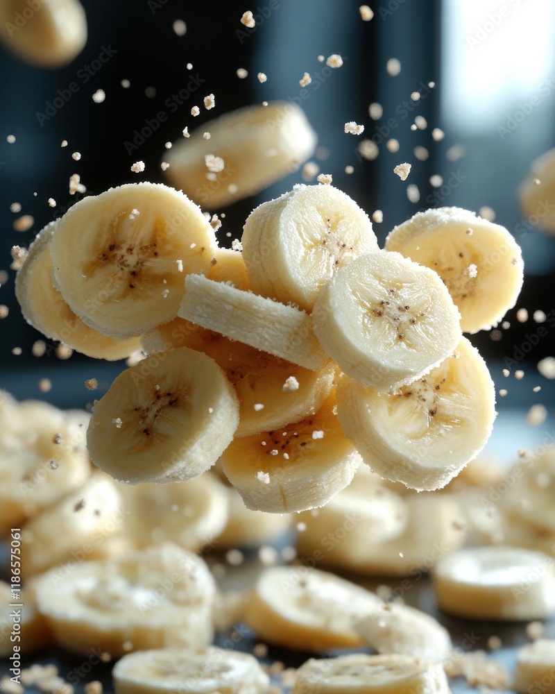 Poster slices of banana suspended in mid-air, sprinkled with granola, creating a dynamic and appetizing ima