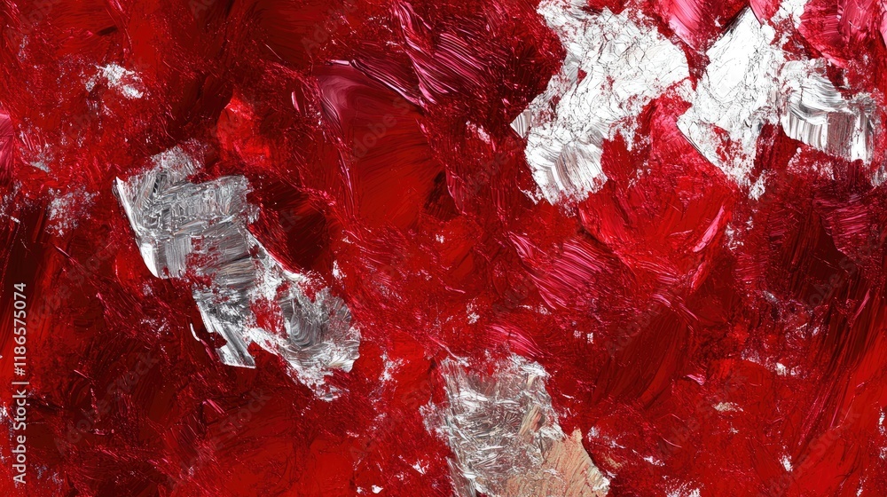 Poster abstract digital artwork featuring rich deep red textures contrasted with shimmering silver elements