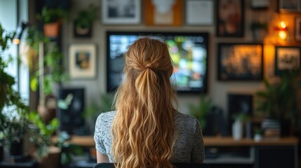 Woman with long hair sits at desk, facing gallery wall and computer screen.