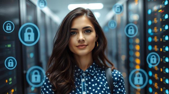 Confident woman in a server room, surrounded by digital lock icons representing cybersecurity and data protection.