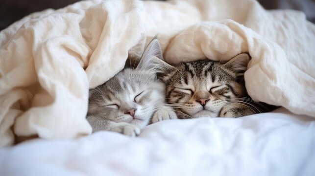 Two cute sibling cats peacefully napping together under a cozy blanket during a chilly afternoon in a warm home setting.