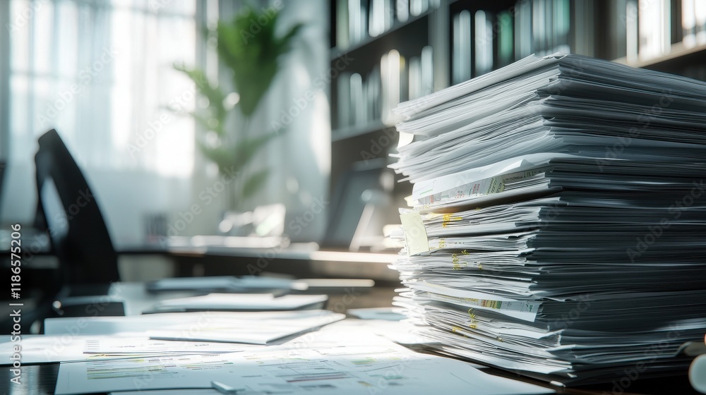Poster collection of business analytics charts and graphs stacked on each other on paper on desk in office