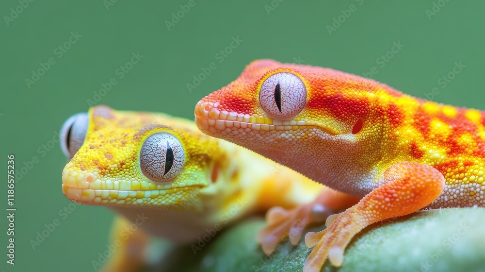 Poster Close-up of vividly colored geckos showcasing unique shapes with a soft green background highlighting their vibrant scales and features.
