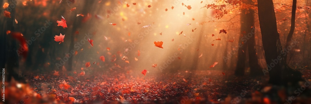 Poster autumn leaves gracefully fall through a serene forest under warm sunlight during a calm afternoon. g