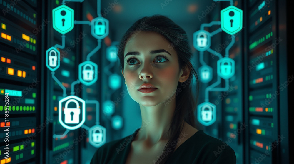 Poster woman contemplating data security. network of digital locks visualized around her in a server room s