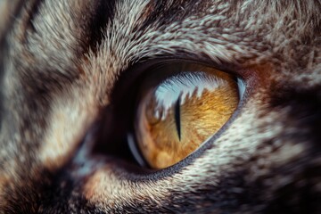 A detailed shot of a cat's eye with expressive pupils