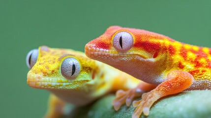 Close-up of vividly colored geckos showcasing unique shapes with a soft green background highlighting their vibrant scales and features.