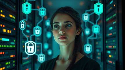 Woman contemplating data security.  Network of digital locks visualized around her in a server room setting.