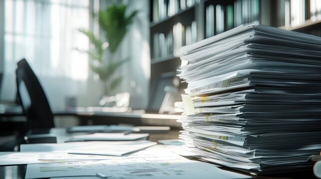 Collection of business analytics charts and graphs stacked on each other on paper on desk in office